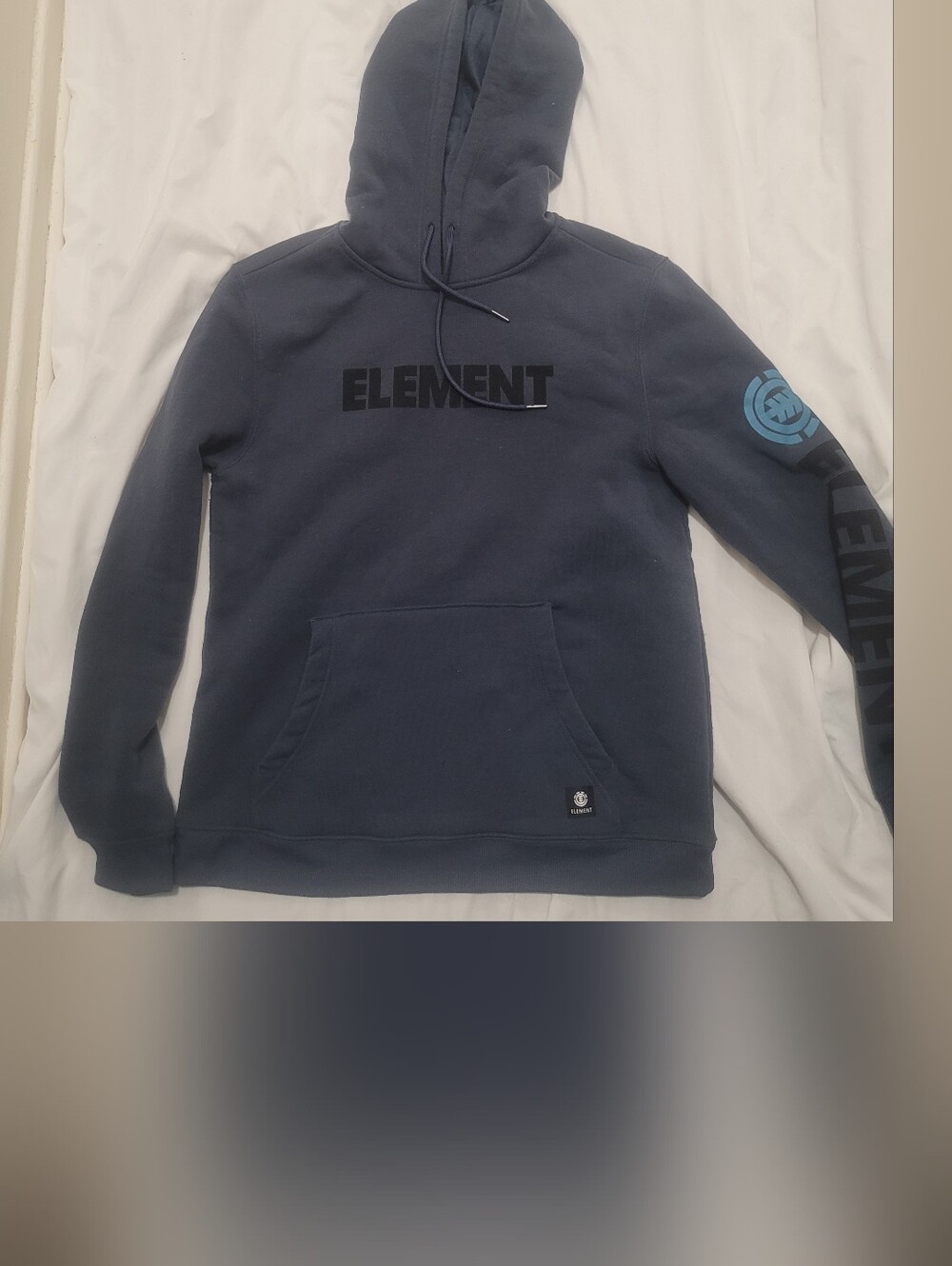 Element Men's Navy Hoodie with Black Logo and Light Blue Sleeve Graphic